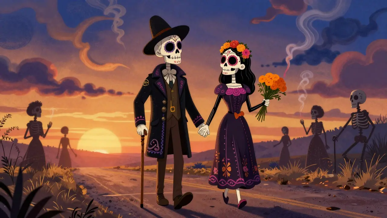 Skeleton Tramp and Gamine walking together holding hands, festive skull art