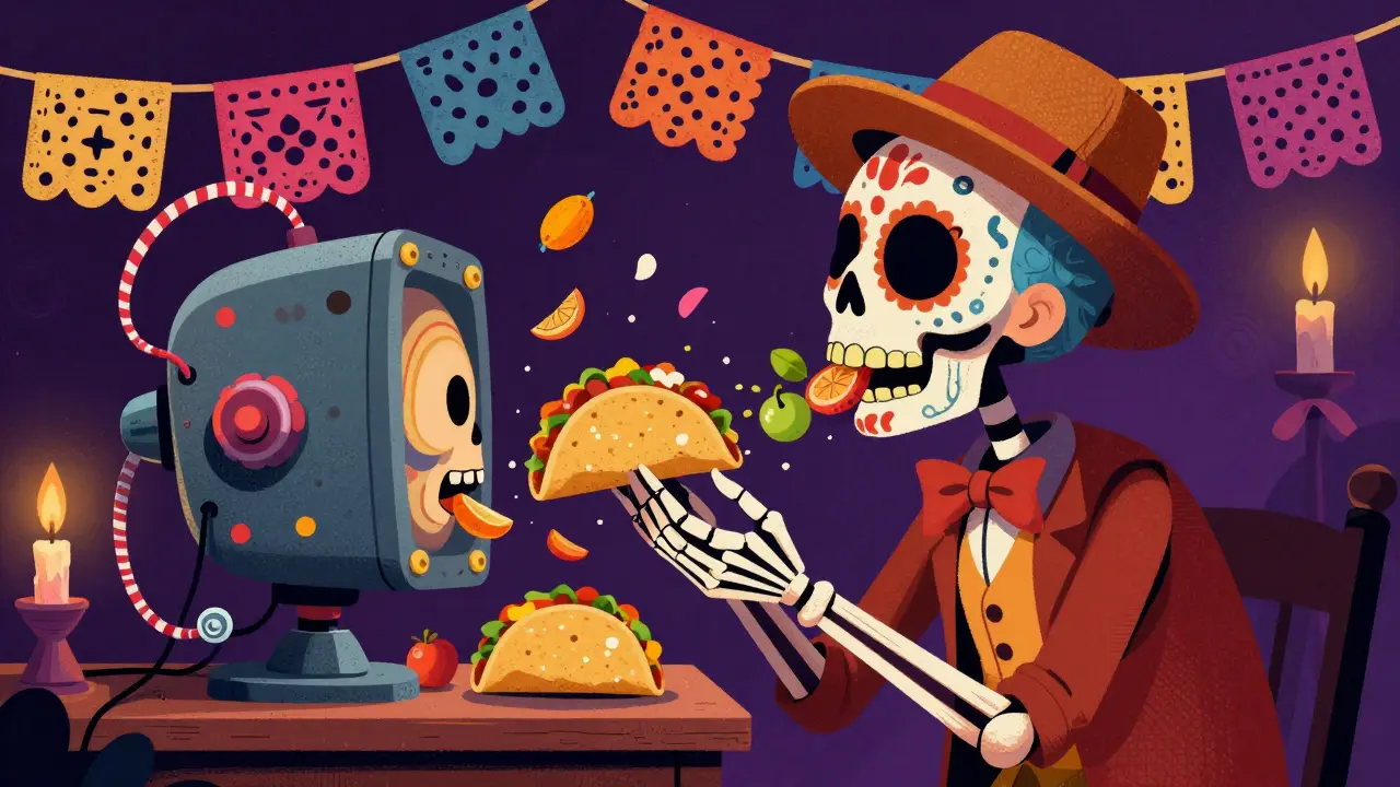 Skeleton Tramp force-fed by a colorful mechanical device, Dia de los Muertos art