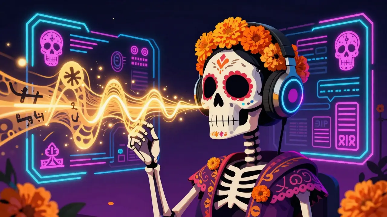 Skeleton using AI translation headphones with marigold decorations