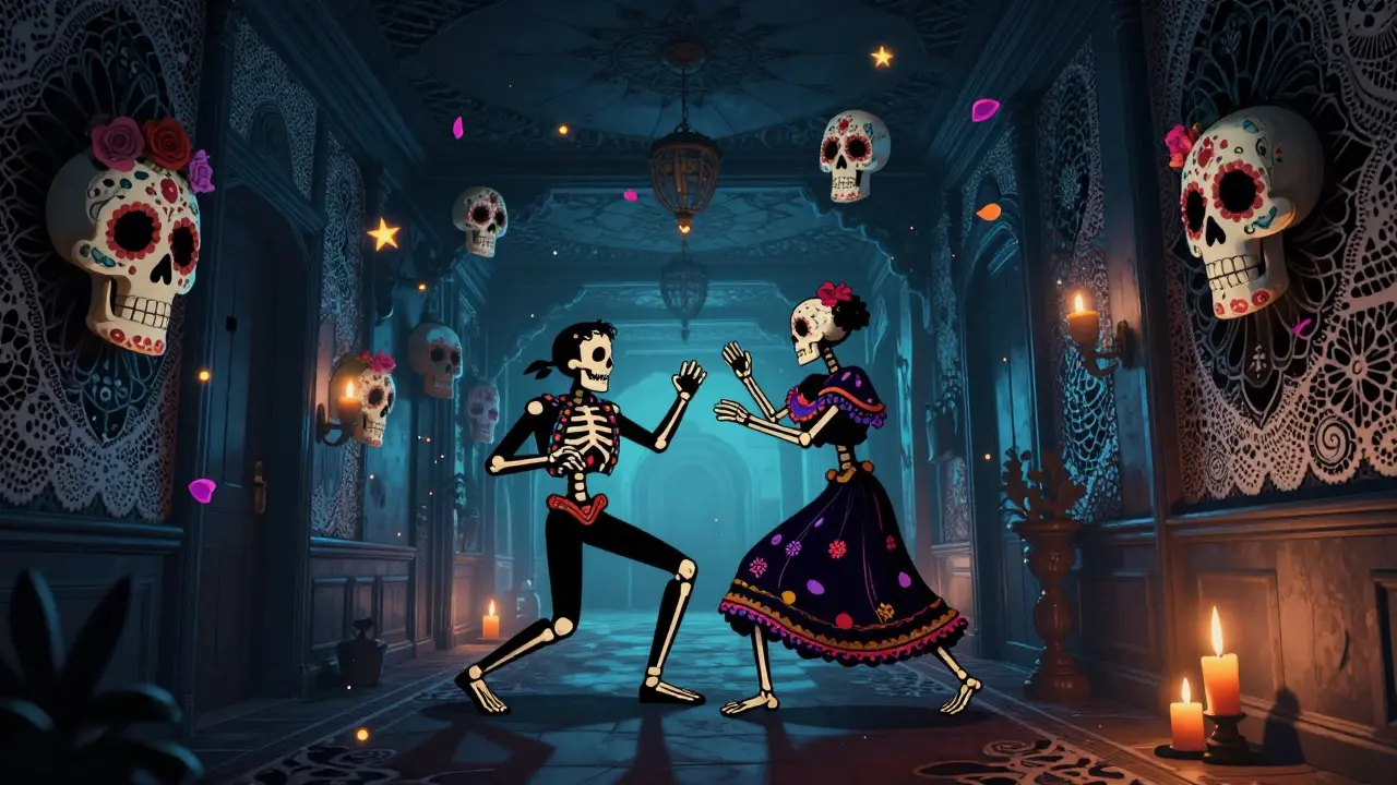 Skeletons fight in a tilted hallway filled with floating skulls