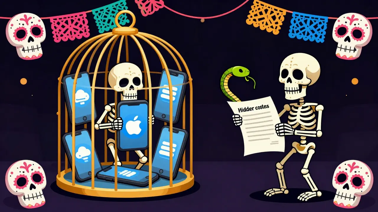 Skeletons trapped in tech cages and contracts, Day of the Dead art