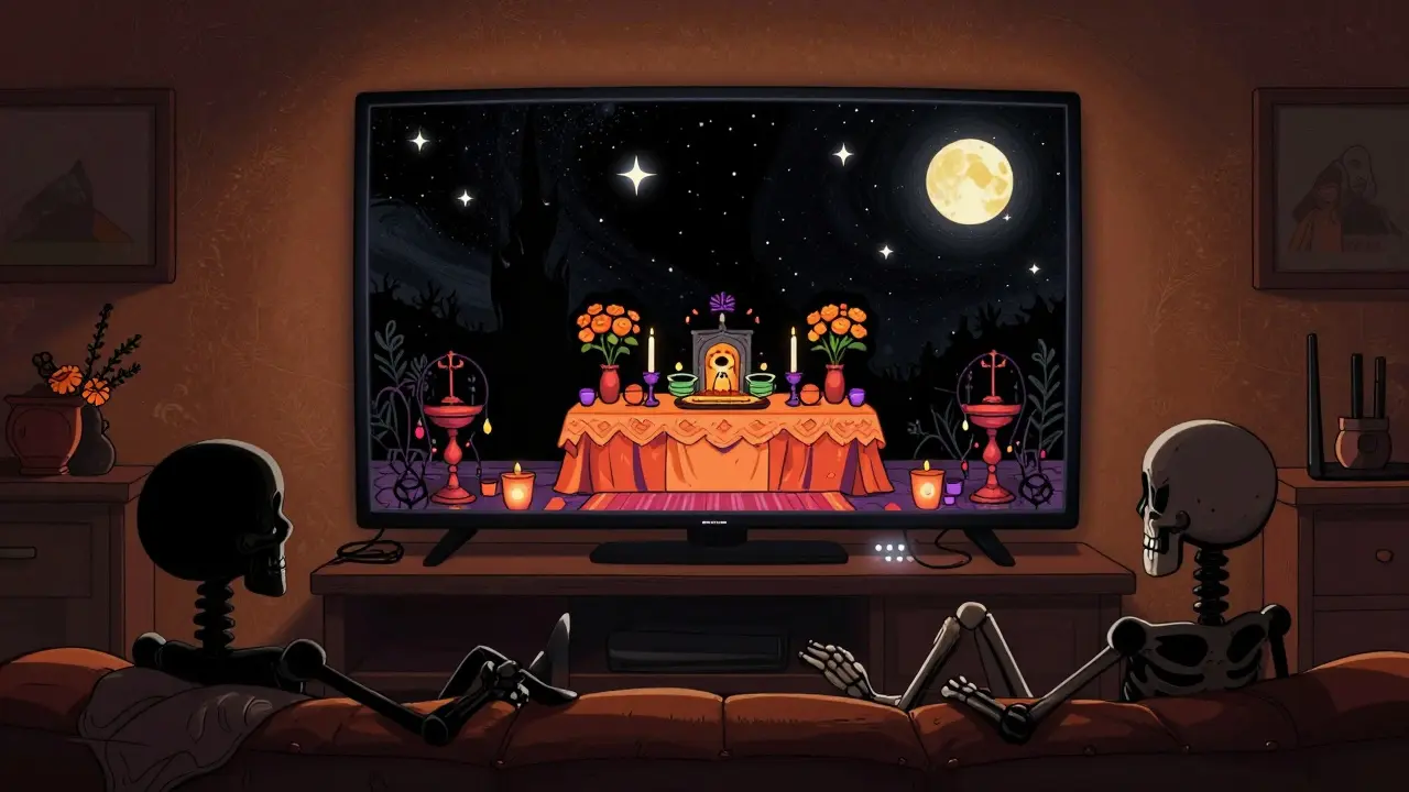 Skeletons watching a vivid HDR TV screen displaying a starry night in a dim room