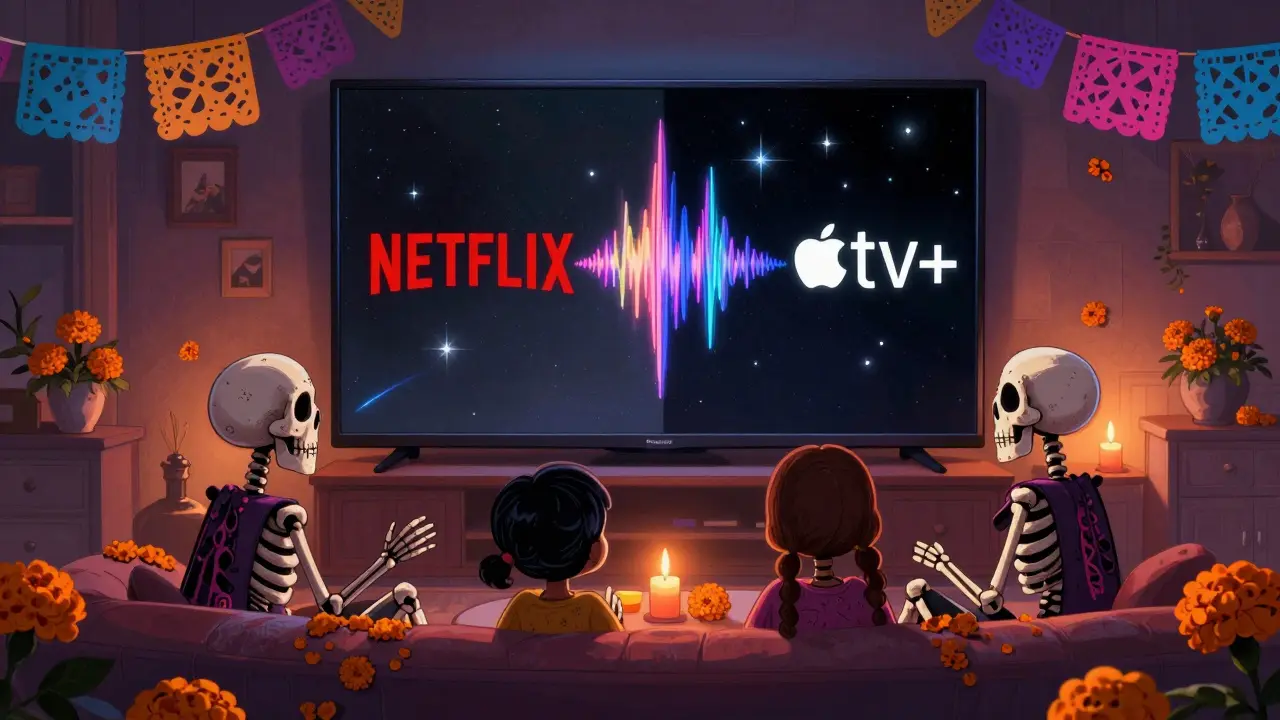 Skeletons watching TV showing black level comparison in Day of the Dead setting