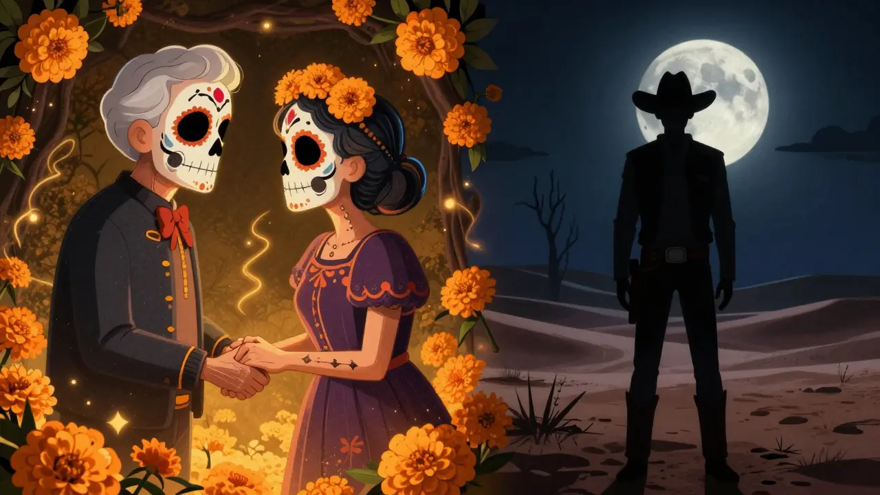 Split image of enduring love and tragic loss in Day of the Dead style