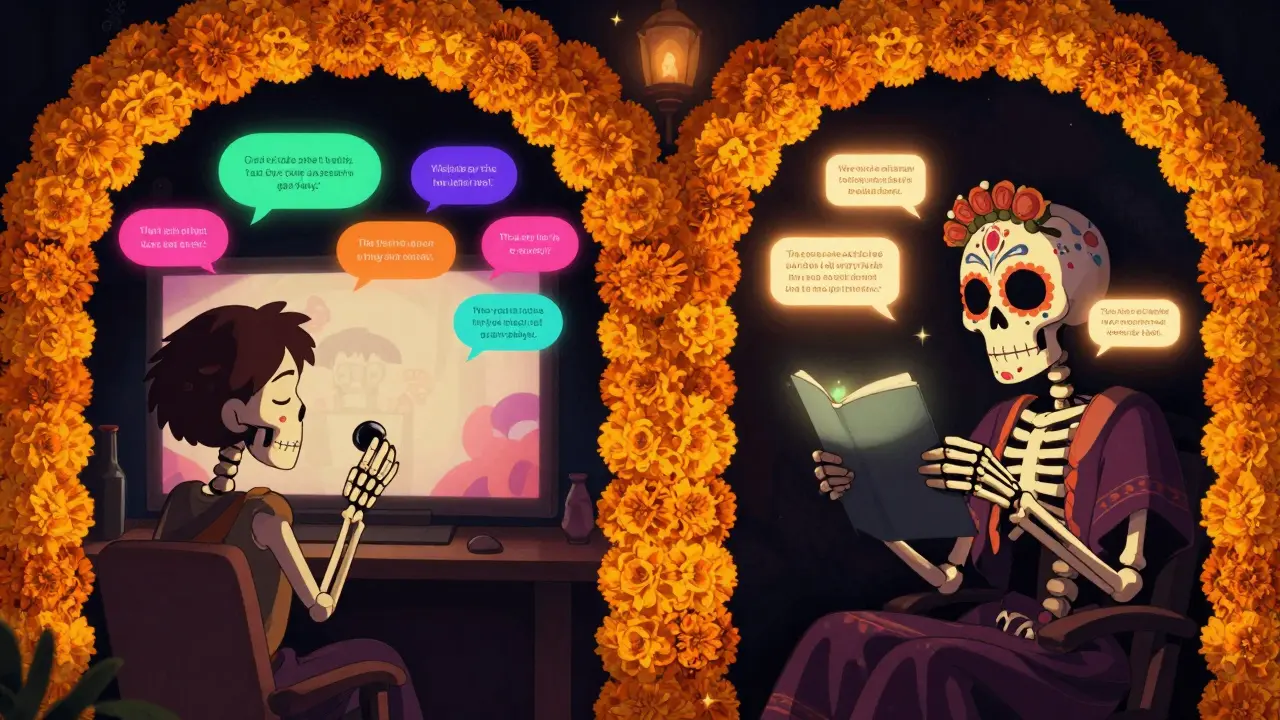 Split view of skeletons choosing dubbing vs subtitles in sugar skull art