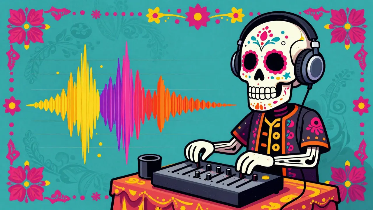 Sugar skull DJ adjusting audio levels on a festive mixing board, illustrating loudness normalization.