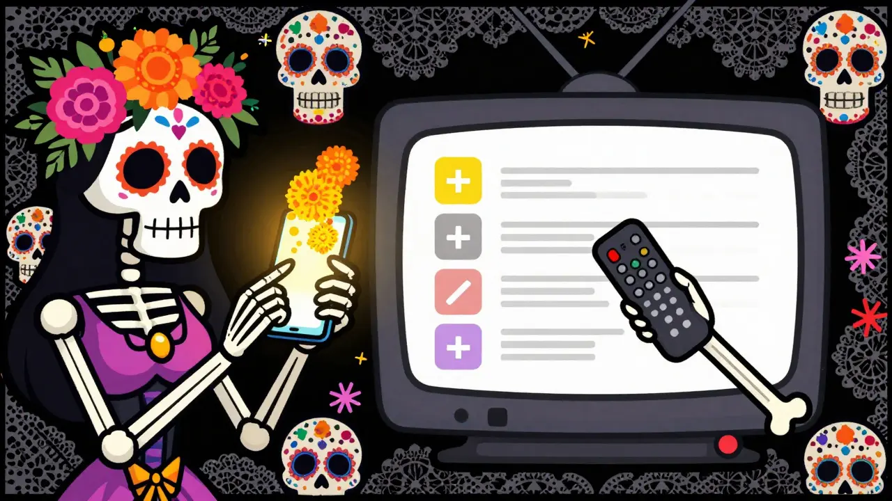 Sugar skull figures managing digital queues on phone and TV in Day of the Dead art style