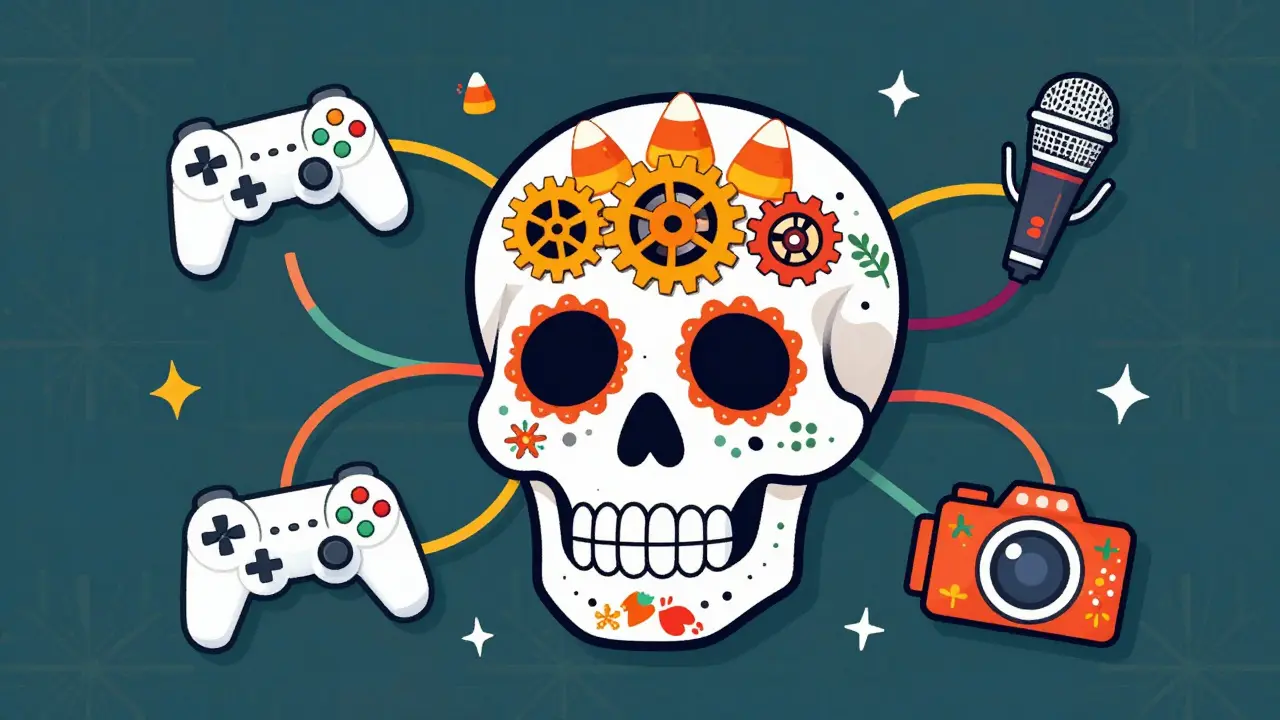 Sugar skull with internal gears representing streaming software processing