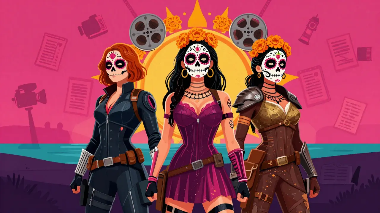 Three illustrated female action heroes with sugar skull makeup standing together