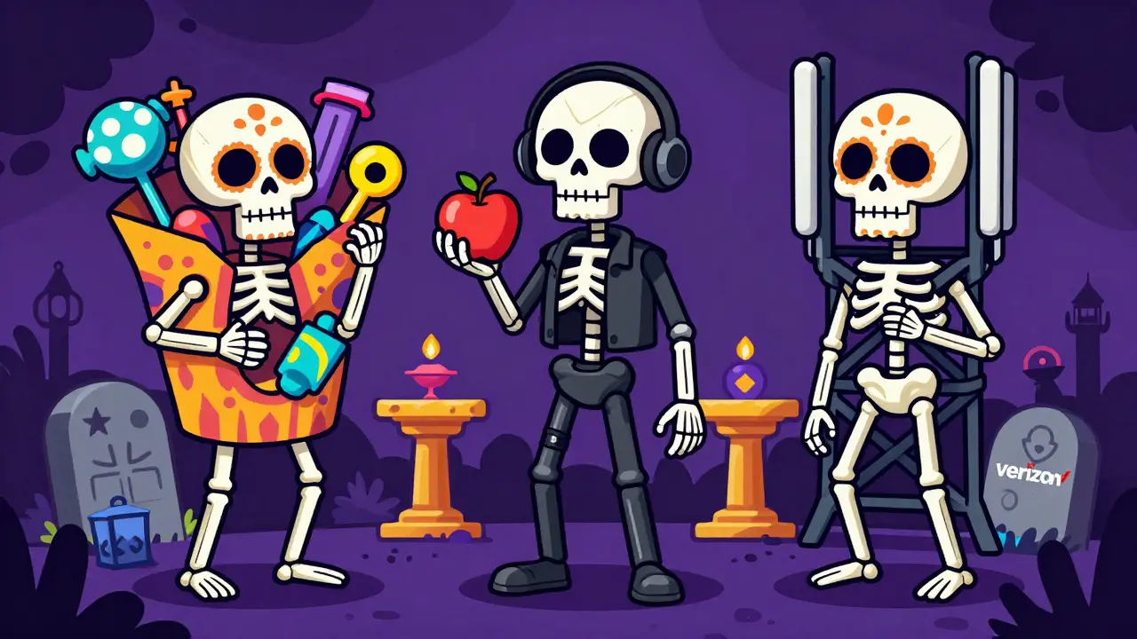 Three skeletons representing Disney, Apple, and Verizon bundles