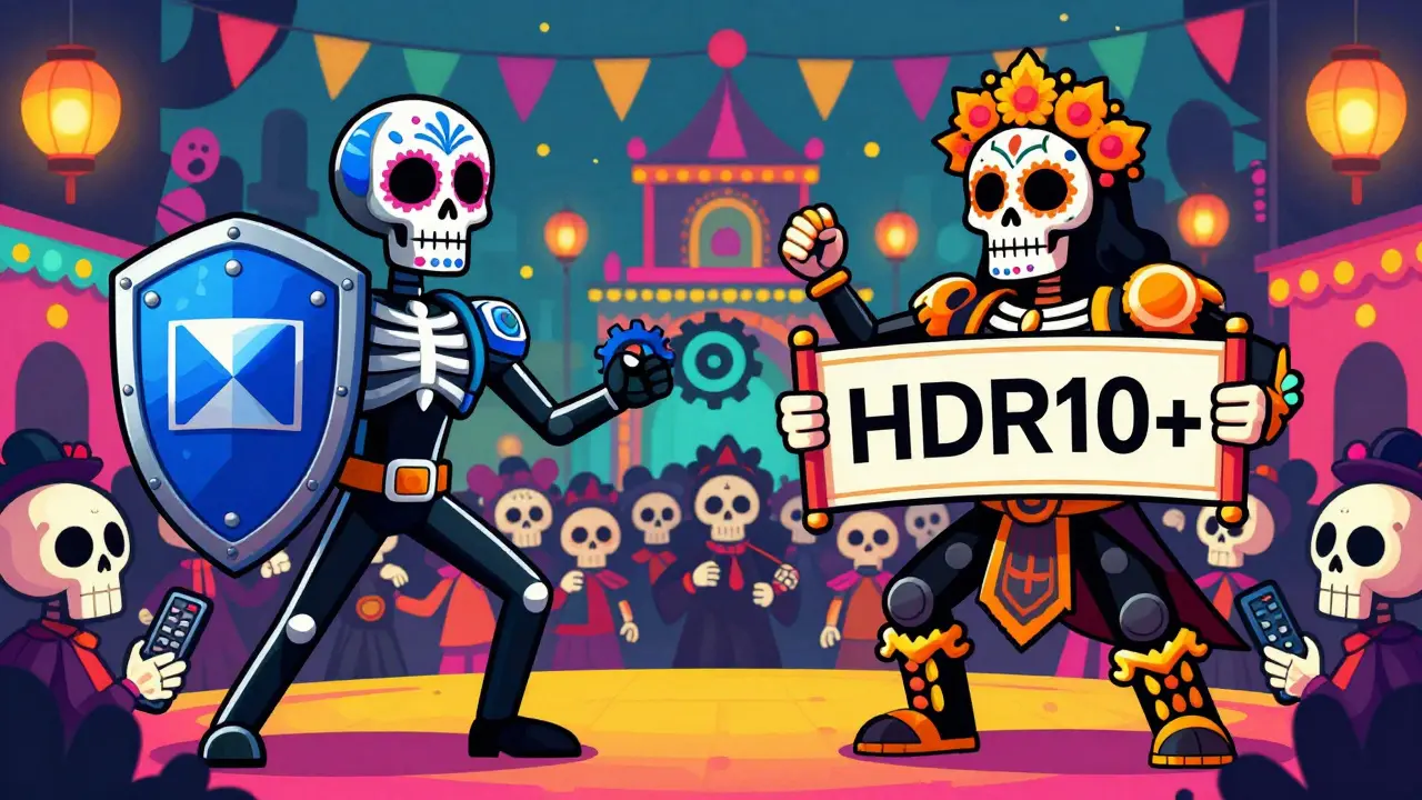Two skeleton figures battling over streaming standards in festive attire