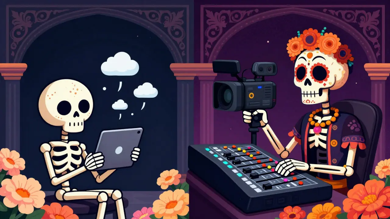 Two skeletons comparing cloud streaming vs professional broadcast setups
