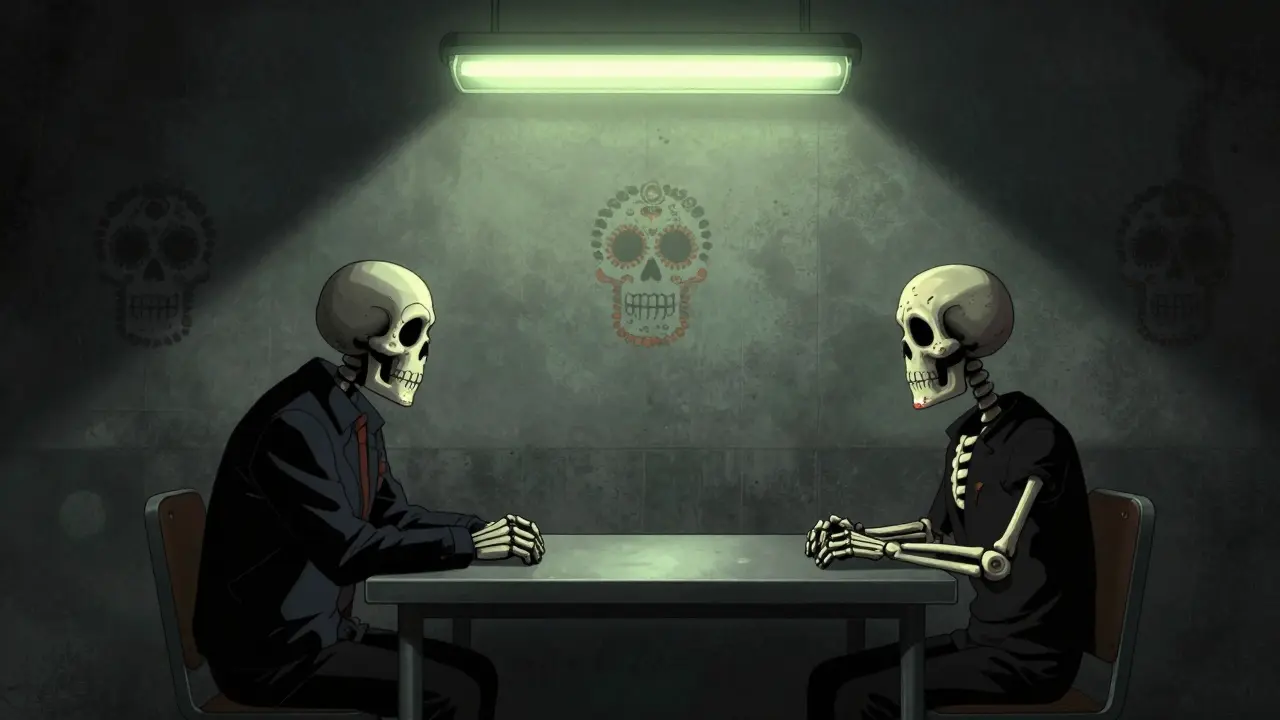 Two skeletons in a dim interrogation room lit by a harsh overhead bulb
