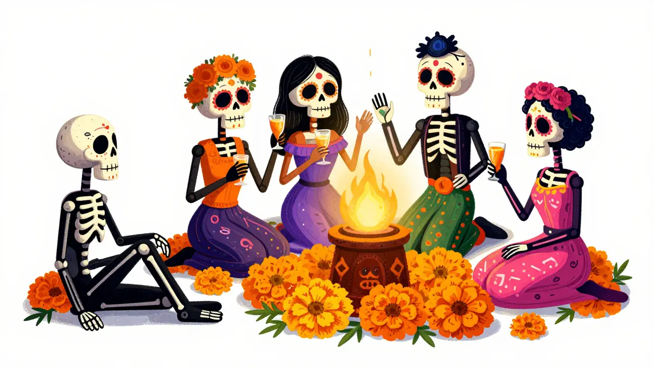 Whimsical Day of the Dead style graphic contrasting a single skeleton with a happy group of skeletons sharing a subscription, divided by marigolds.