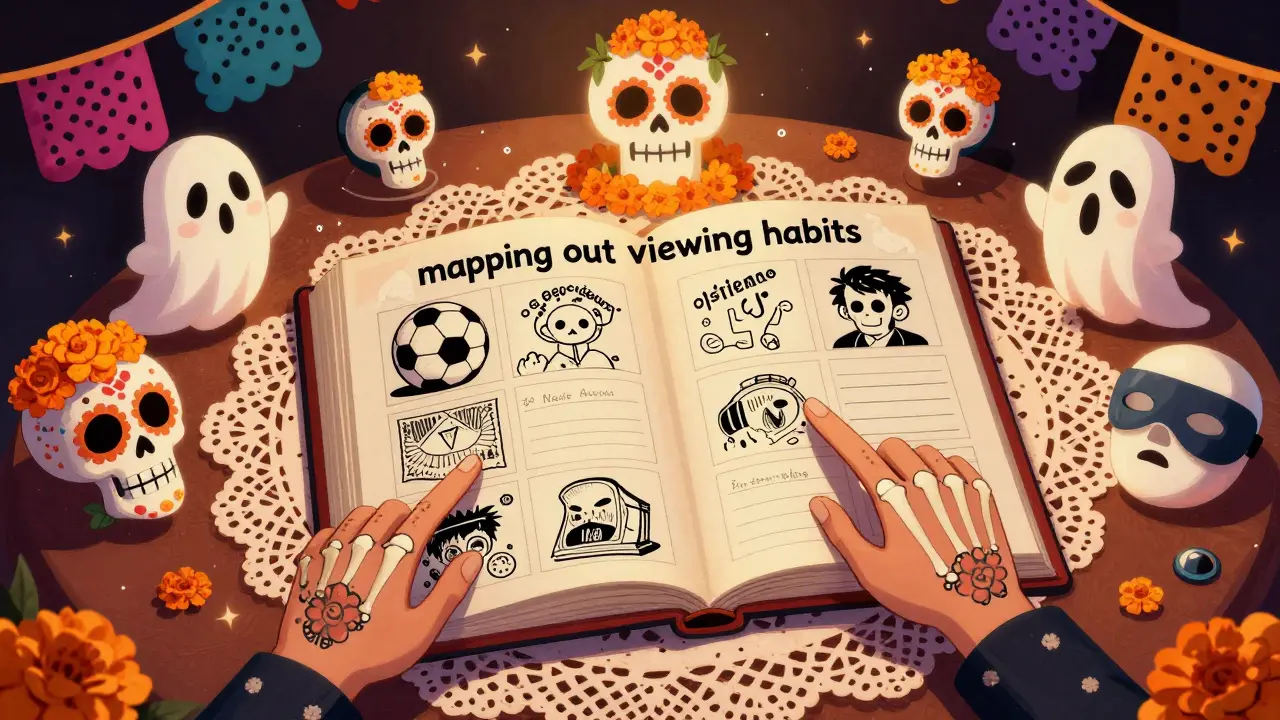 Whimsical planning scene with streaming icons and sugar skulls on a table
