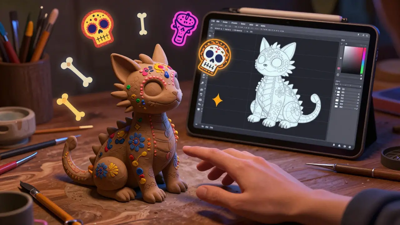 Workbench with a clay monster model decorated with calavera art next to a tablet showing its 3D wireframe.