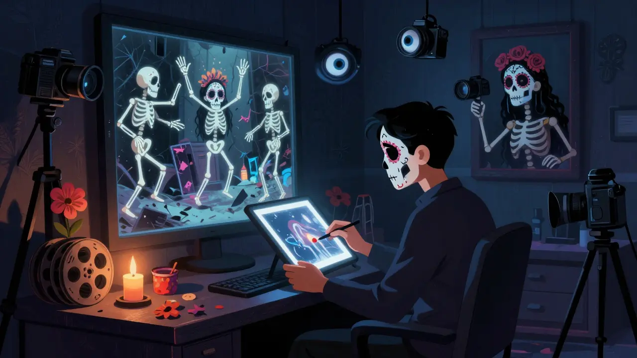 A journalist reviews photos that turn into dancing skeletons in a moody, symbolic room.