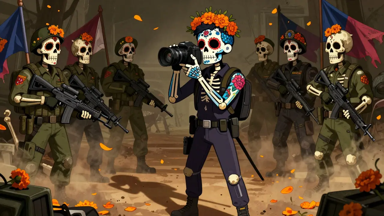 A photographer with calavera face paint confronts skeletal soldiers at a tense checkpoint.
