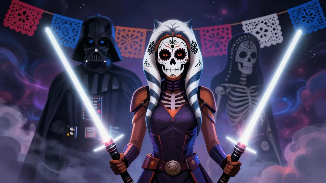 Ahsoka Tano as a calavera wielding lightsabers against cosmic backdrop