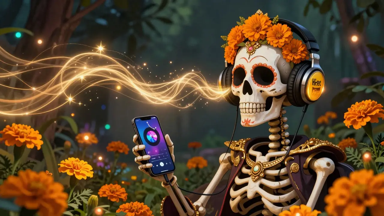 Audiophile skeleton enjoying high-resolution wireless audio amidst glowing marigolds