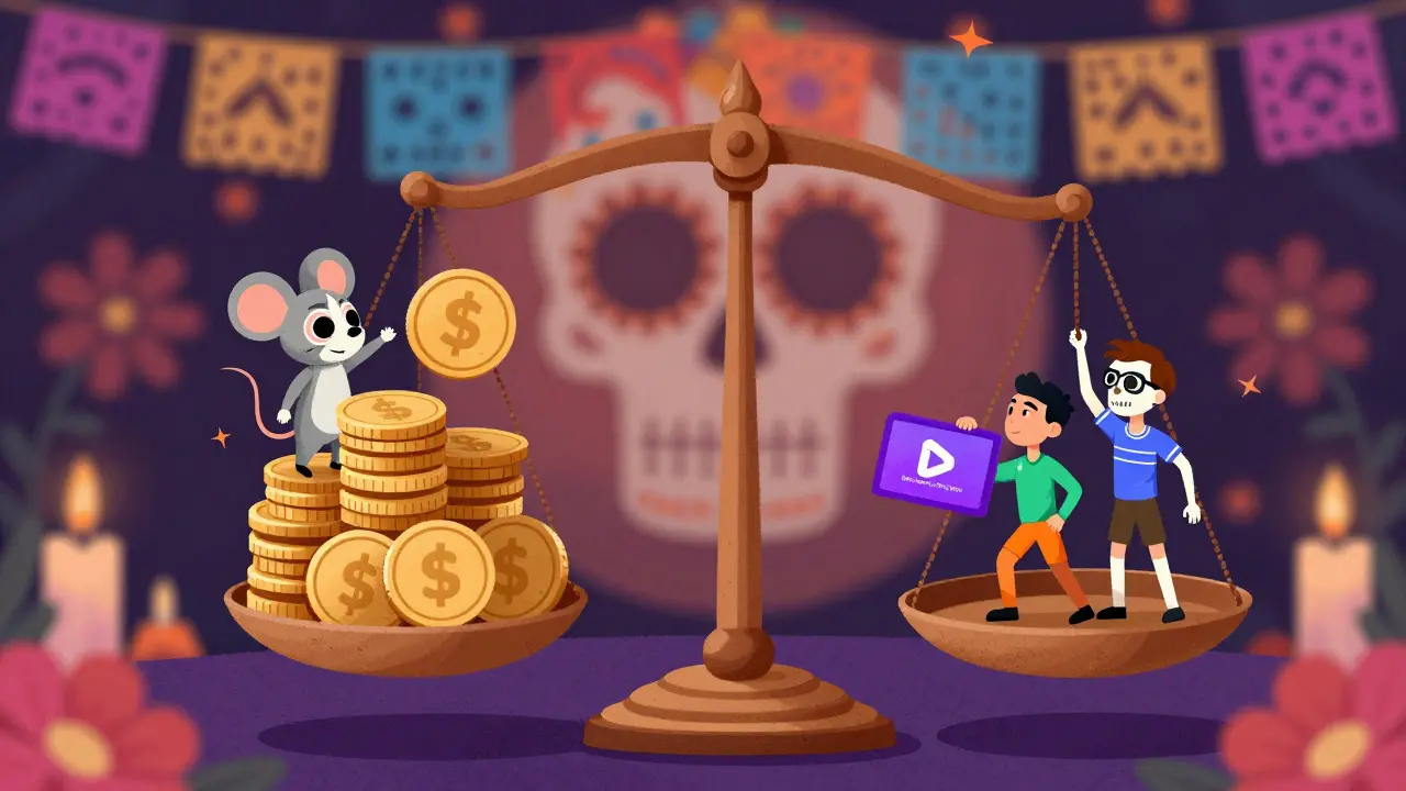 Balance scale weighing costs against streaming services with papel picado figures