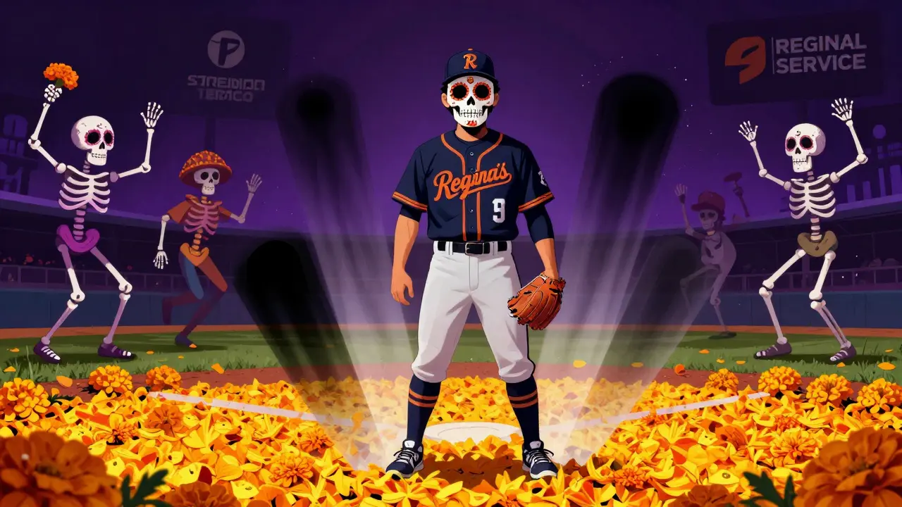 Baseball player with sugar skull mask obscured by ghostly blackout barriers on a marigold field.