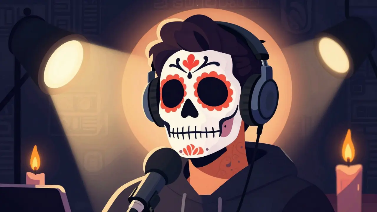 Close-up of a Day of the Dead styled creator lit by professional three-point lighting.