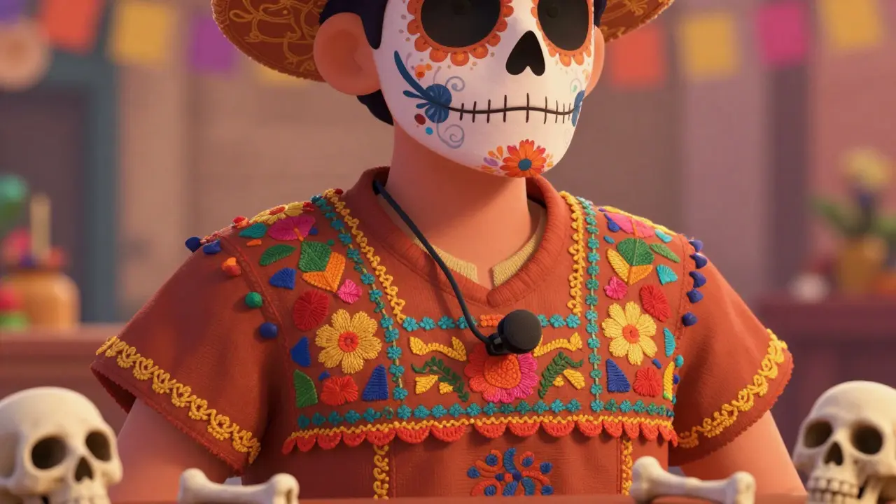 Close-up of an actor with calavera makeup wearing a hidden lavalier microphone under costume.