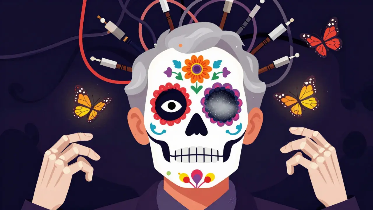 Close-up of sugar skull face with tangled sound wave halo