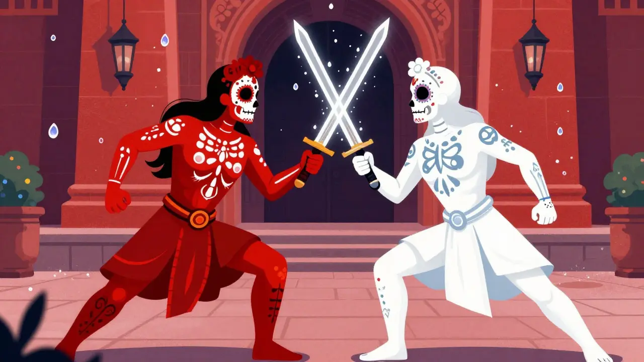 Colorful sugar skull warriors dueling in a stylized courtyard