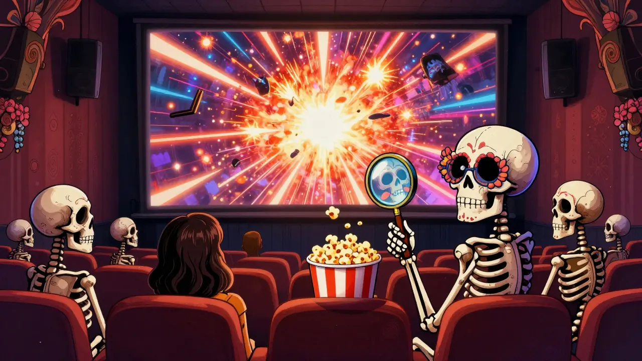 Critical skeleton with magnifying glass watching hypnotic movie spectacle