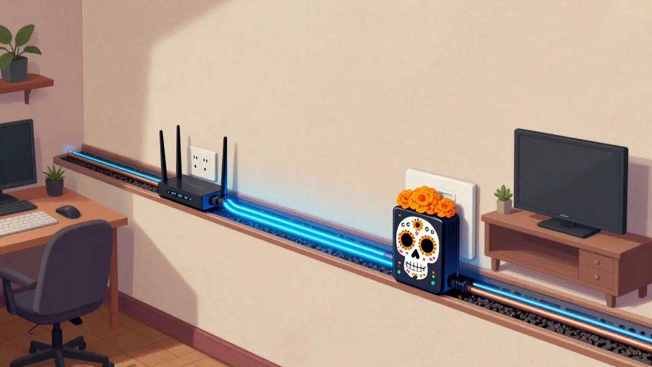 Data flowing through walls via powerline adapters in cartoon style