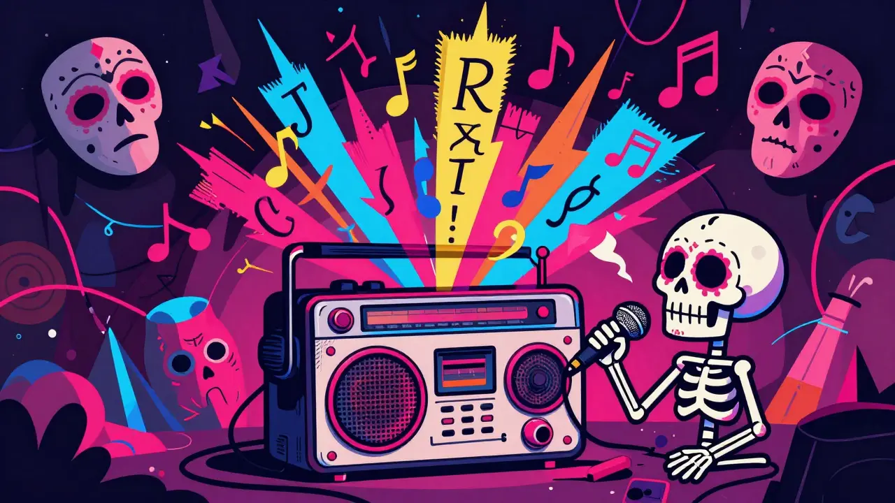 Day of the Dead skeleton overwhelmed by loud radio lyrics blocking speech