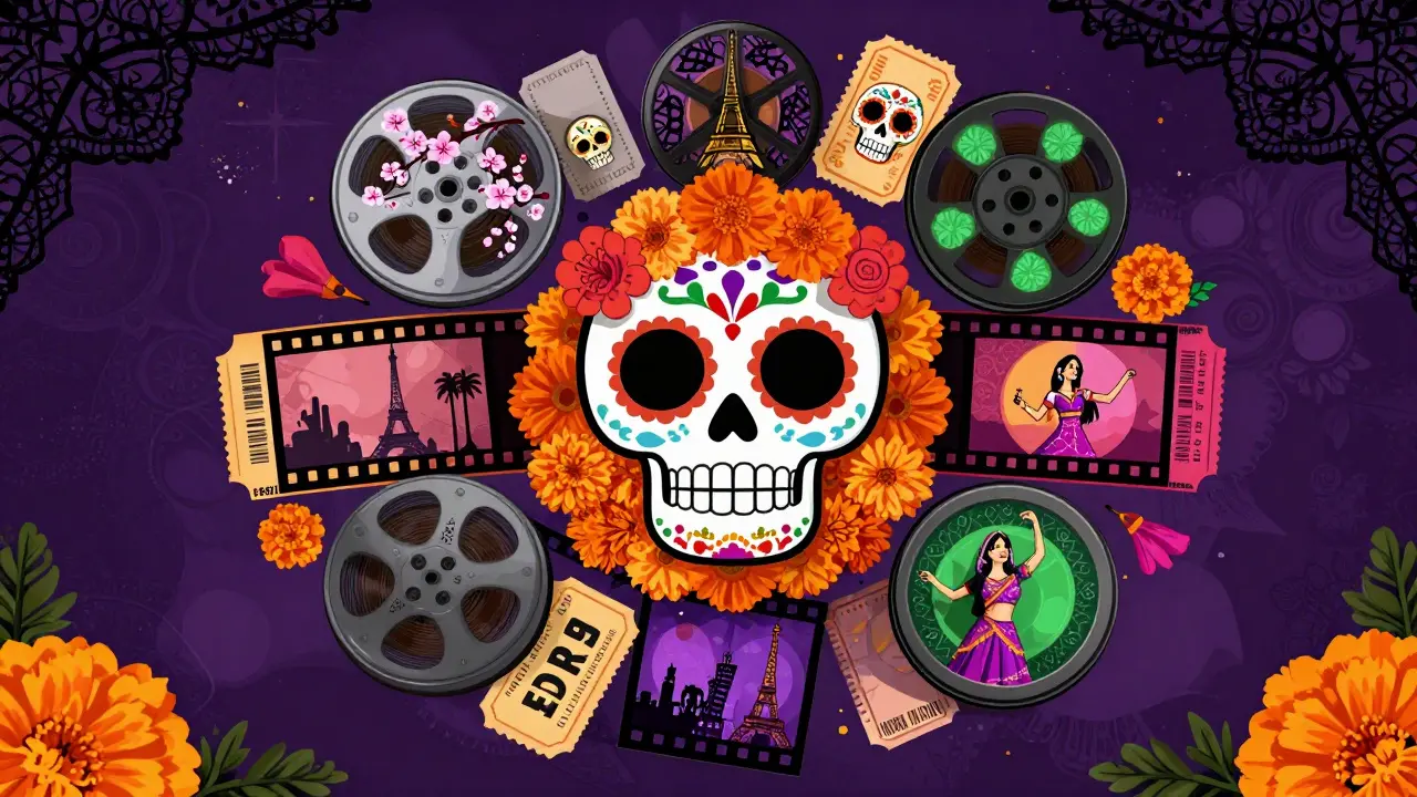 Day of the Dead style collage of international movie reels and cultural symbols.