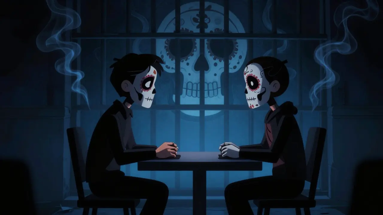 Day of the Dead style illustration of tense psychological thriller scene