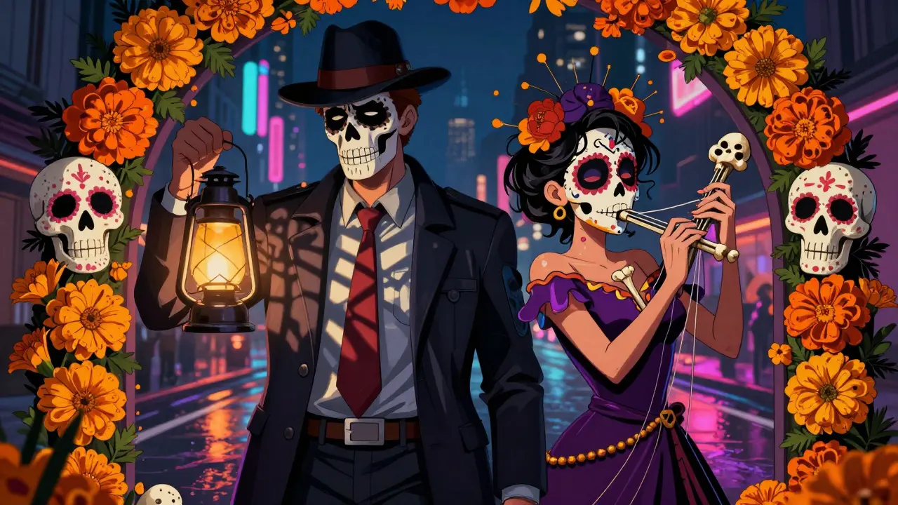 Detective and musician skeletons under marigold arch