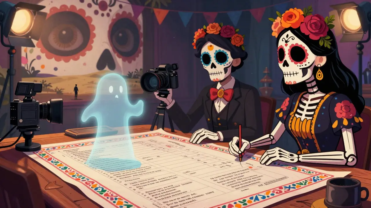 DP and Director reviewing a shot list with floating camera angle visuals in Day of the Dead style.