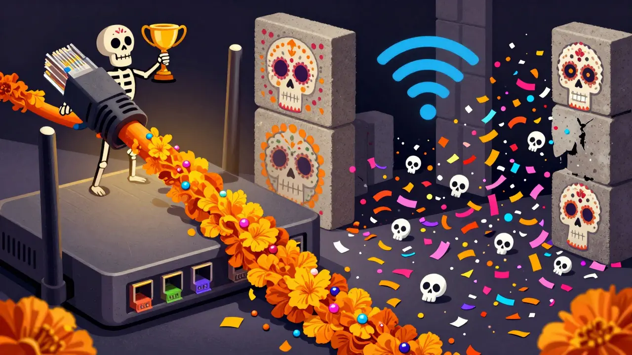 Ethernet cable as marigold ribbon vs chaotic Wi-Fi skulls in Day of the Dead illustration