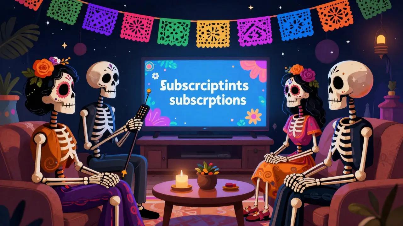 Family of skeletons watching TV, one holds the remote control.