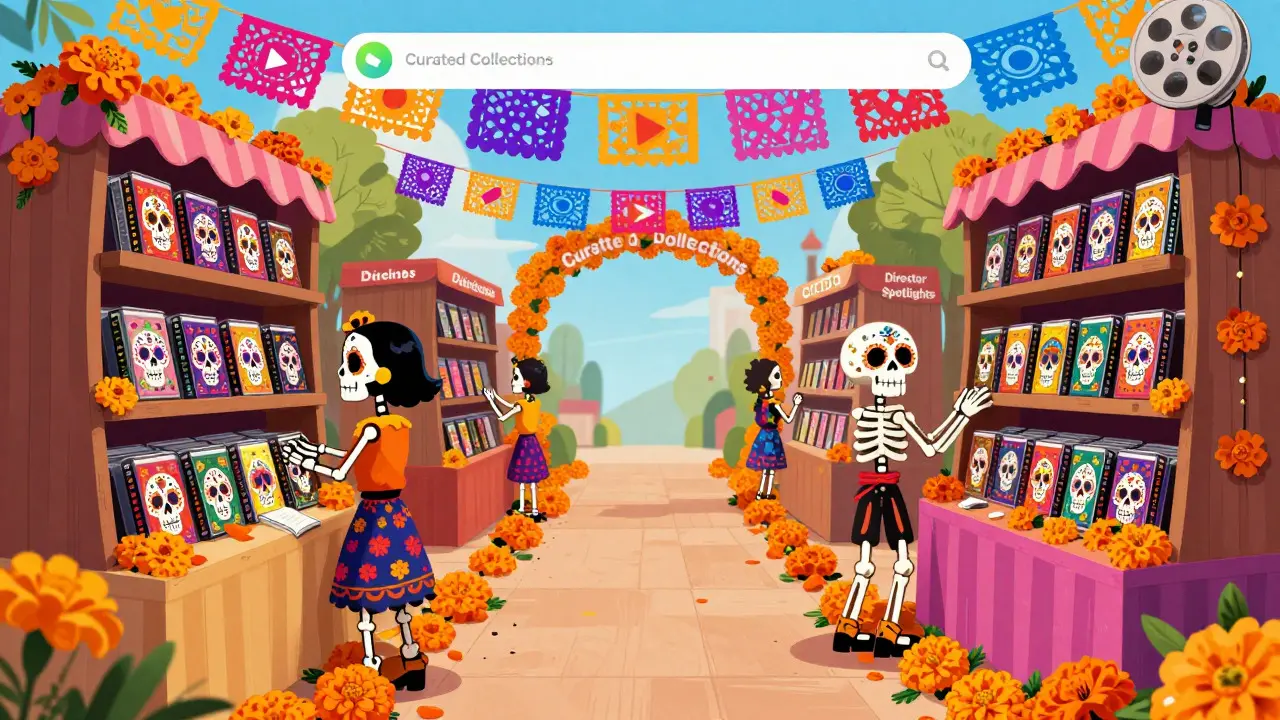 Festive marketplace scene where skeleton figures browse film collections decorated with sugar skull art under papel picado archways