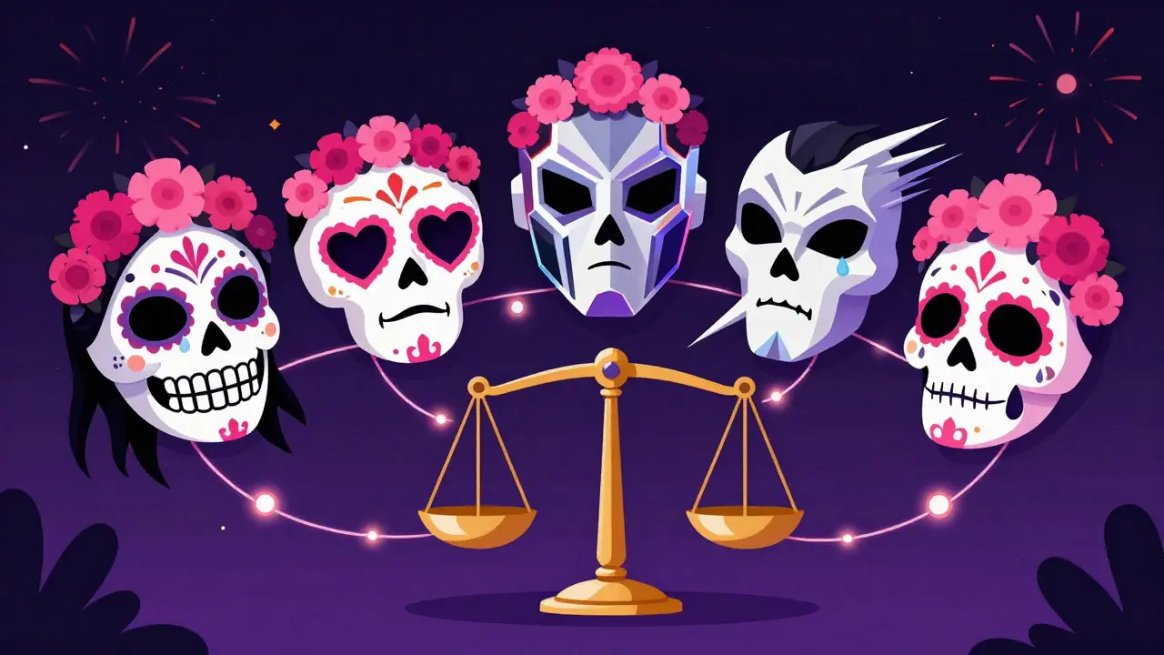Genre masks connected to a balance scale in Day of the Dead style