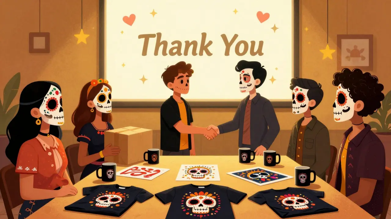 Group of characters with Day of the Dead makeup celebrating fulfilled film rewards and packages.