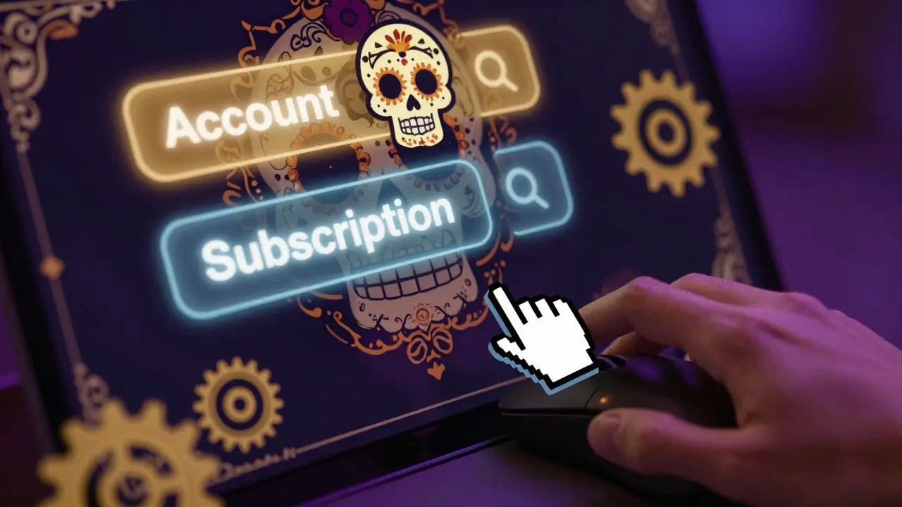 Hand clicking mouse on stylized account settings screen with sugar skull motifs