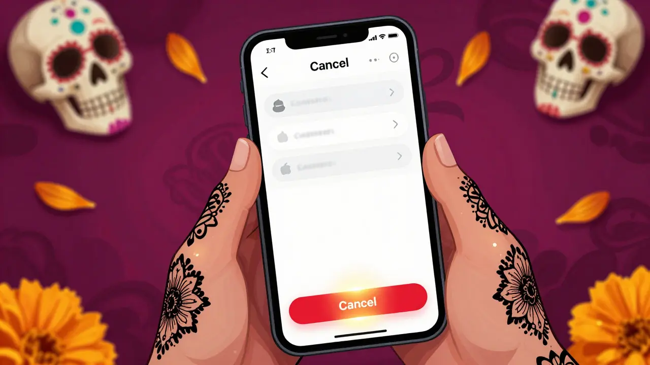 Hands with floral tattoos tap a cancel button on a phone screen.