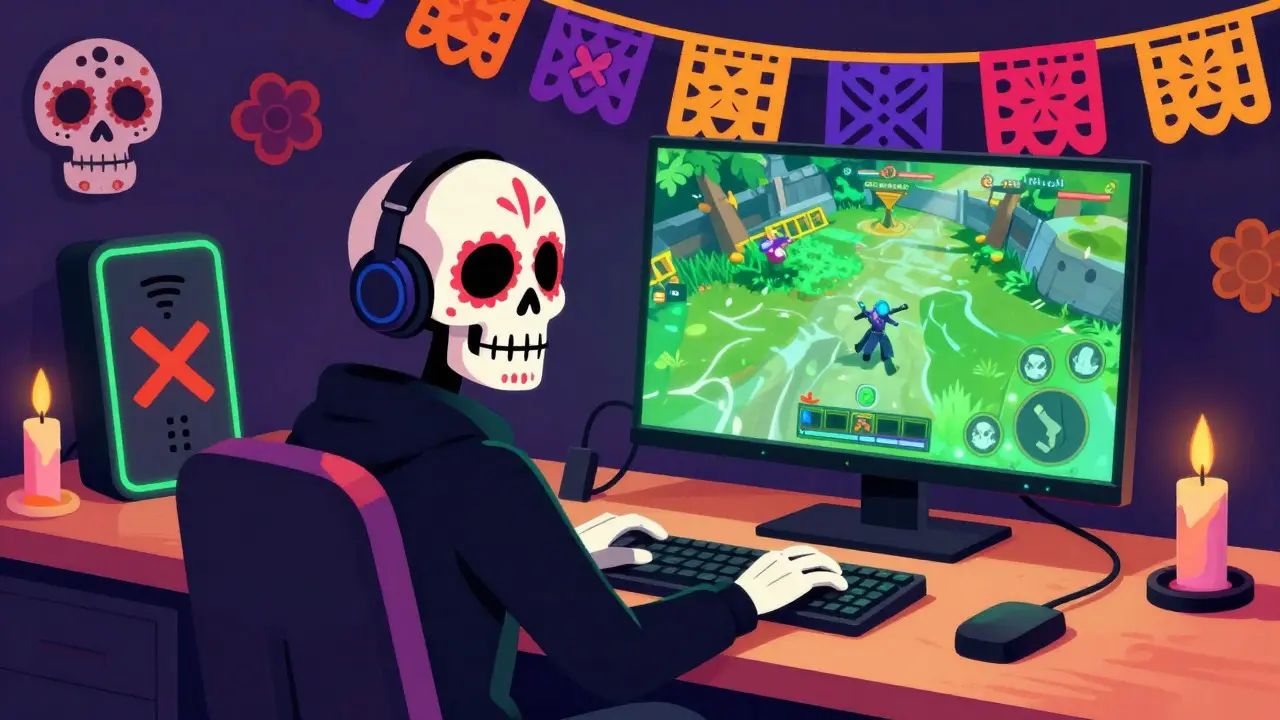 Happy skeleton gaming with stable powerline connection illustrated
