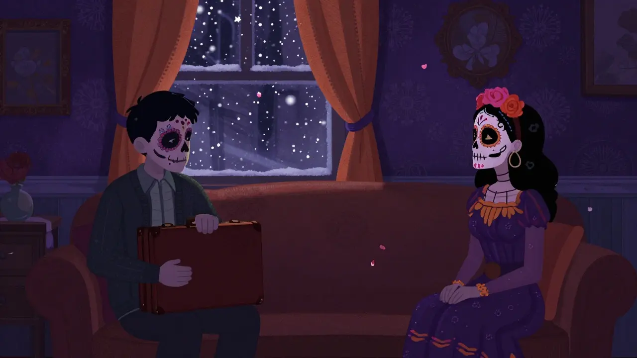 Man and woman with sugar skull makeup sitting apart in a dimly lit apartment