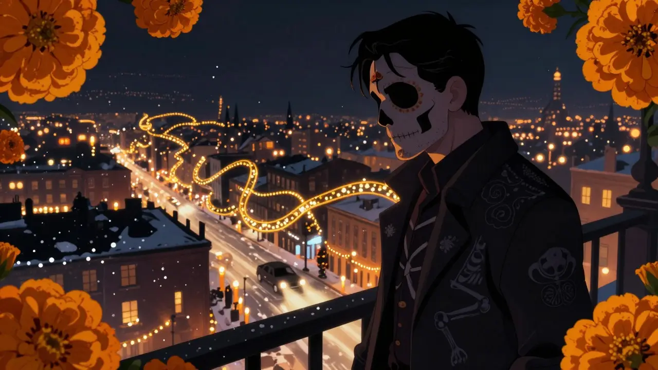Man on balcony overlooking city lights with marigolds and snowy streets in illustration