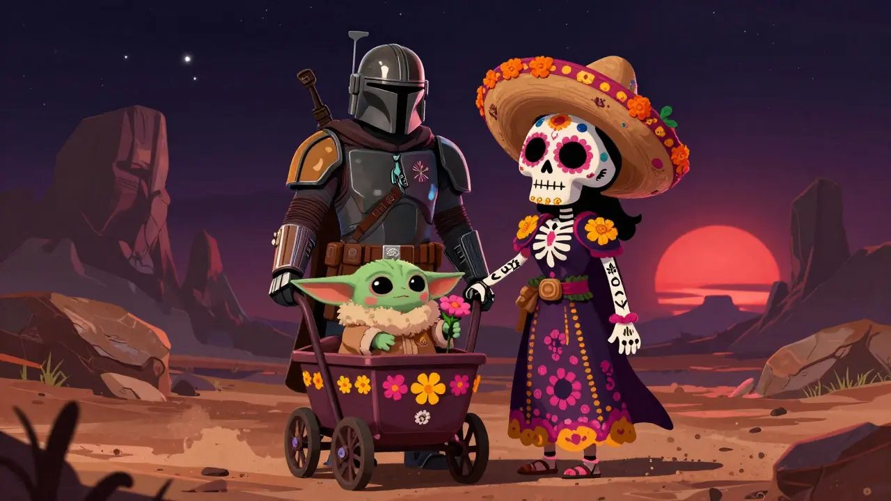 Mandalorian and Grogu as decorated skeletons in a desert setting