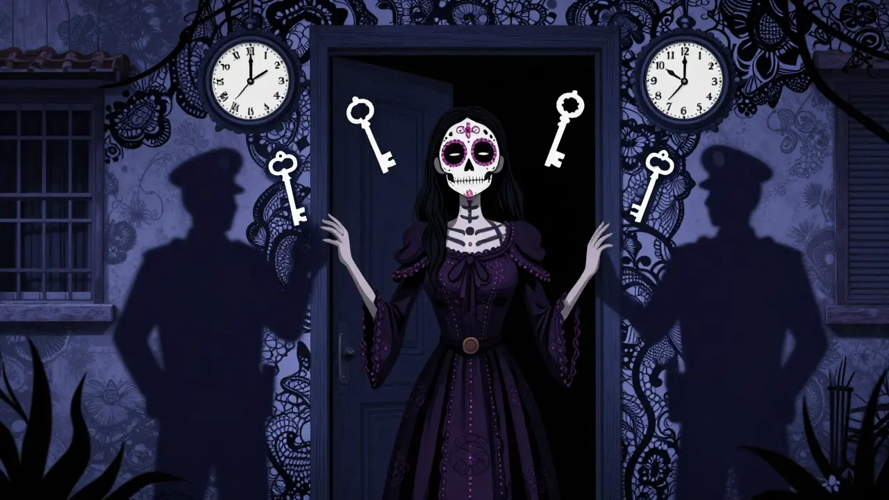 Moody cartoon illustration of a suburban woman with sugar skull makeup, surrounded by symbols of domestic anxiety.