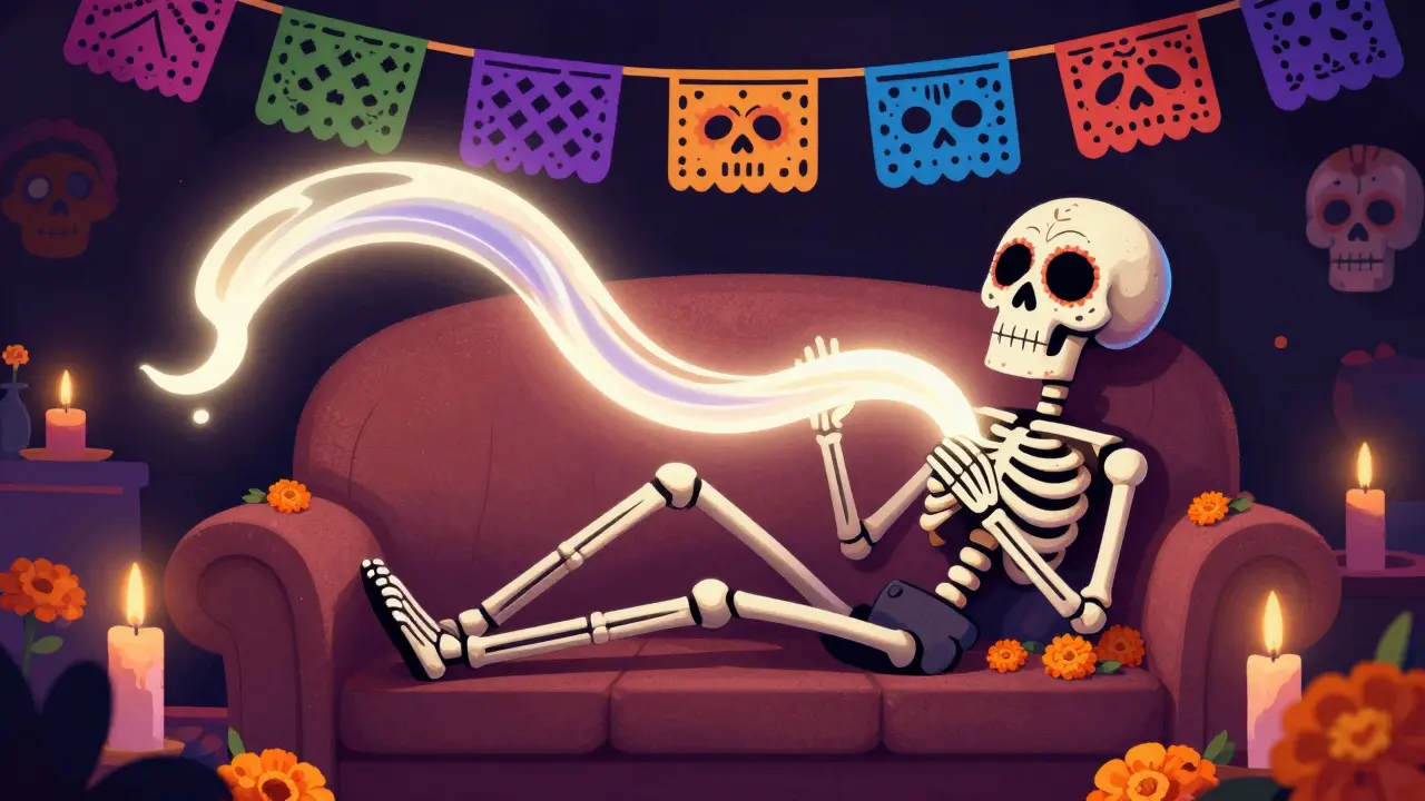 Relaxed skeleton watching smooth video stream in living room